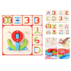 Joc Montessori Creativ din Lemn cu Șabloane și Bețe pentru Litere, Cifre și Forme – Puzzle Educativ de Construcție, Dezvoltă Gândirea Logică, Creativitatea și Motricitatea Fină, 3+ Ani
