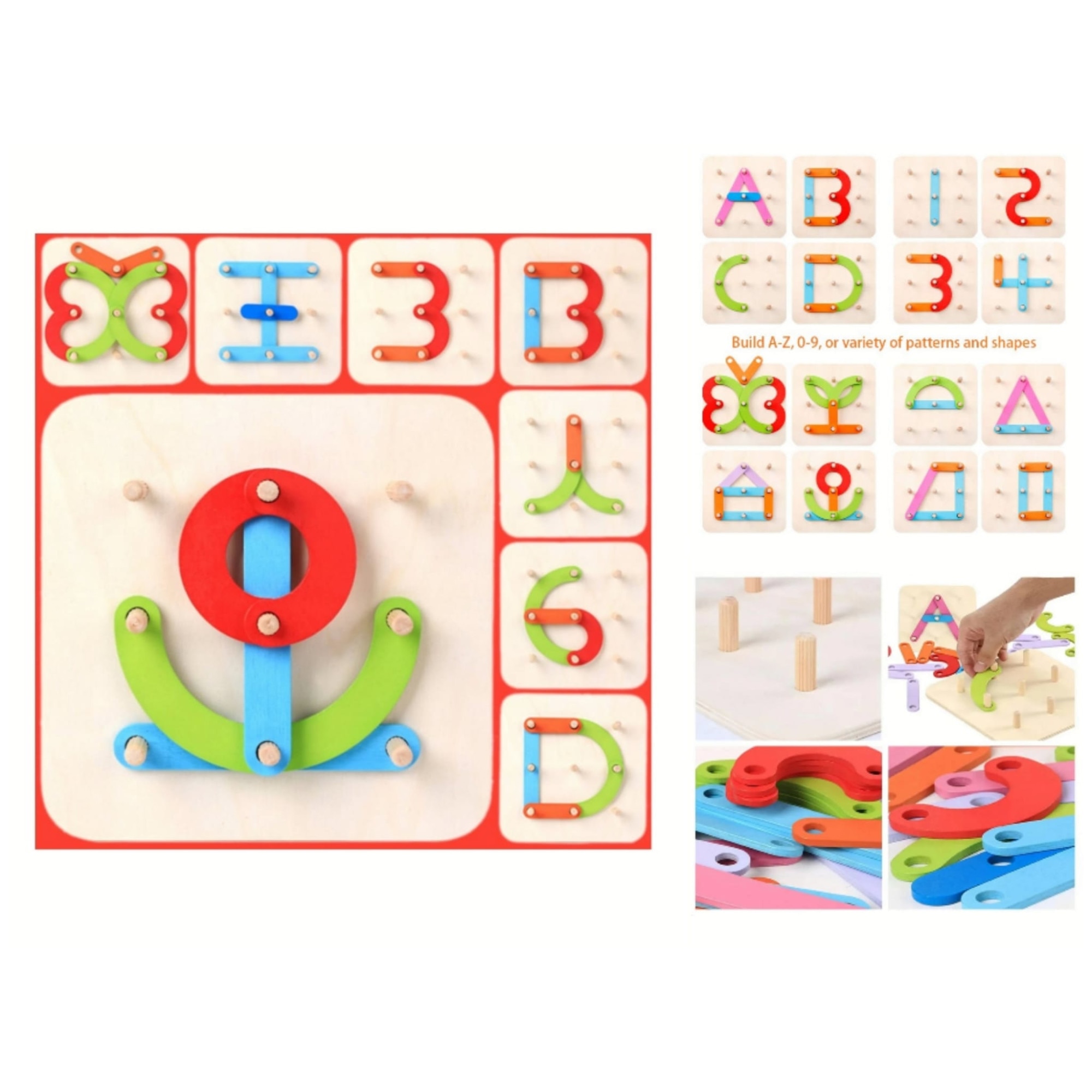 Joc Montessori Creativ din Lemn cu Șabloane și Bețe pentru Litere, Cifre și Forme – Puzzle Educativ de Construcție, Dezvoltă Gândirea Logică, Creativitatea și Motricitatea Fină, 3+ Ani