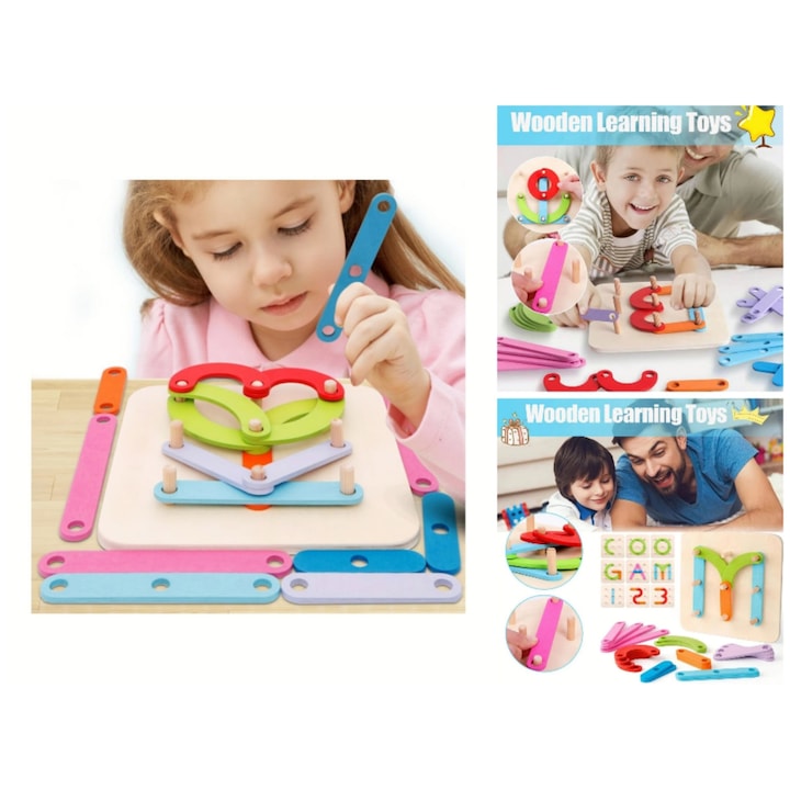 Joc Montessori Creativ din Lemn cu Șabloane și Bețe pentru Litere, Cifre și Forme – Puzzle Educativ de Construcție, Dezvoltă Gândirea Logică, Creativitatea și Motricitatea Fină, 3+ Ani - imagine 4