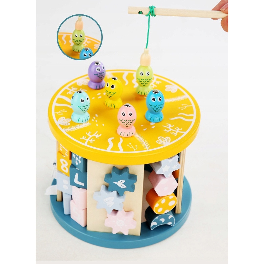 Centru de Activități Montessori 8 în 1 din Lemn – Cub Educativ Rotativ cu Sortator Forme, Labirint cu Mărgele, Pescuit Magnetic, Numărătoare, Puzzle și Joc Senzorial, 18+ Luni - imagine 3