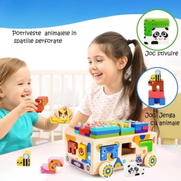 Jucărie Montessori Multifuncțională din Lemn 6 în 1 – Masinuta Educativa cu Puzzle Tetris, Sortator Forme și Animale, Joc de Stivuire, Cartonașe Provocare, Dezvoltare Motricitate și Logică, 3+ An - imagine 6