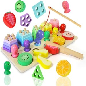 Joc Montessori 3 în 1 din Lemn – Sortator Forme Geometrice, Joc Magnetic de Pescuit și Fructe de Tăiat, Jucărie Educativă pentru Motricitate Fină și Învățarea Formelor, 3+ Ani