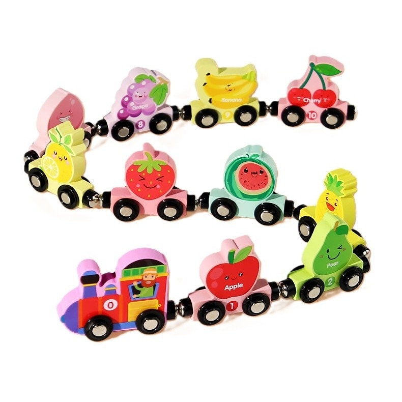 Trenuleț Magnetic din Lemn cu Fructe și Cifre – Locomotivă cu 10 Vagoane Magnetice, Jucărie Montessori pentru Învățarea Numerelor, Fructelor și Culorilor, Dezvoltarea Motricității Fine, 3+ - imagine 3