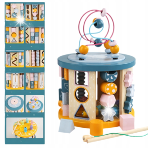 Centru de Activități Montessori 8 în 1 din Lemn – Cub Educativ Rotativ cu Sortator Forme, Labirint cu Mărgele, Pescuit Magnetic, Numărătoare, Puzzle și Joc Senzorial, 18+ Luni