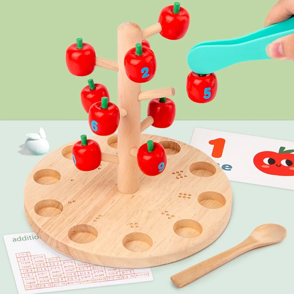Joc Montessori din Lemn – Pomul Numeric cu Mere Magnetice, Pensetă și Lingură, Învățarea Numerelor 1-10, Sortare, Numărare și Motricitate Fină, Jucărie Educativă 3+ Ani - imagine 7