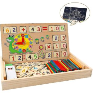 Tablă Montessori Multifuncțională din Lemn pentru Învățarea Matematicii – Joc Educativ cu Cifre, Bețișoare de Numărat, Ceas, Tablă de Scris, Operații Matematice și Marker, 3+ Ani