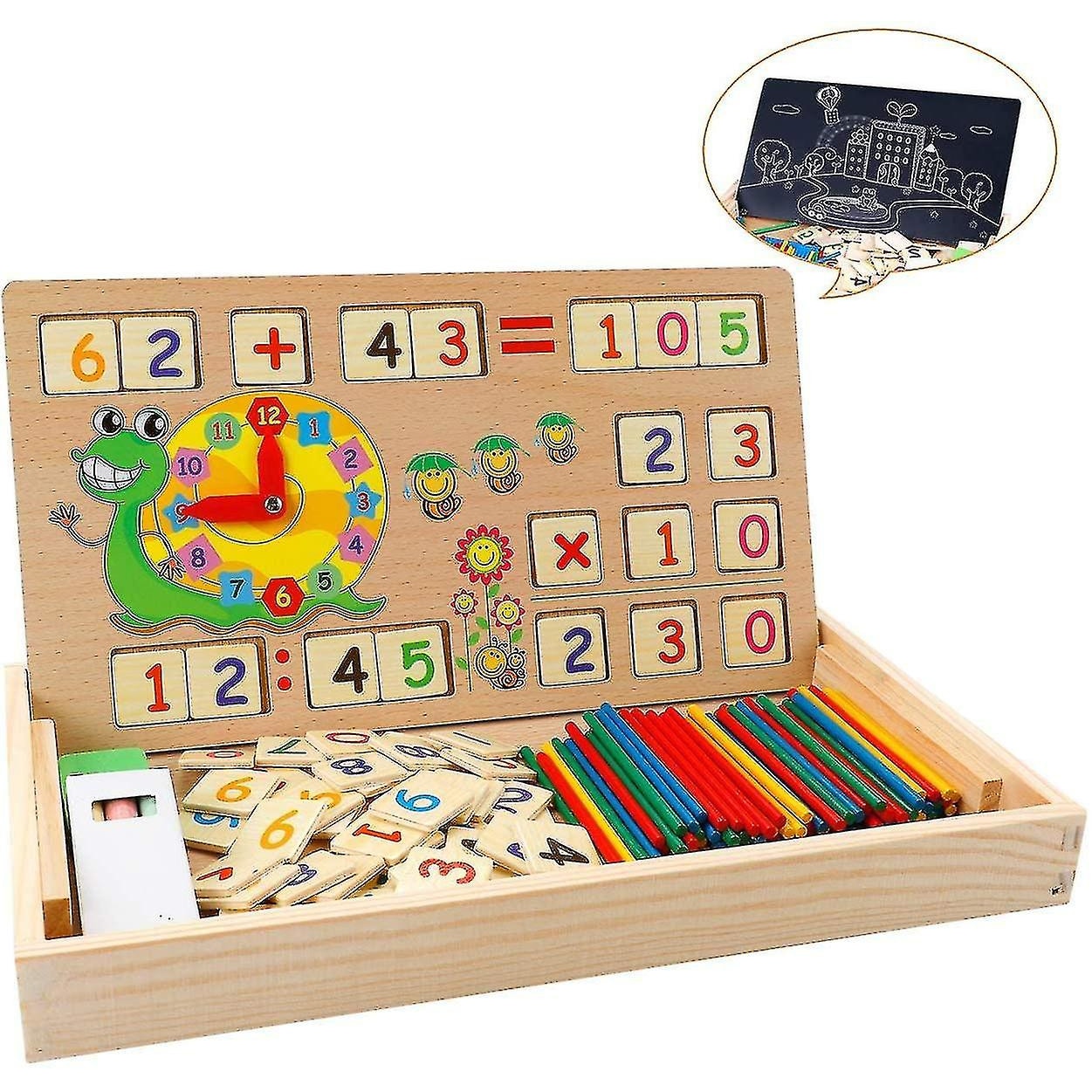 Tablă Montessori Multifuncțională din Lemn pentru Învățarea Matematicii – Joc Educativ cu Cifre, Bețișoare de Numărat, Ceas, Tablă de Scris, Operații Matematice și Marker, 3+ Ani