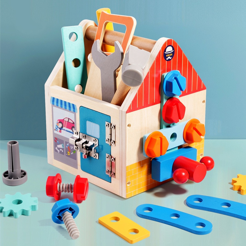Trusă de Scule Montessori din Lemn 2 în 1 – Banc de Lucru, Cutie cu Unelte, Șuruburi, Piulițe, Ferăstrău, Ciocan și Cheie, Joc Educativ pentru Dezvoltarea Motricității, 3+ Ani - imagine 5