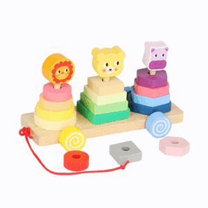 Jucărie Montessori din Lemn pentru Sortarea Formelor și Culorilor – Trenuleț Educativ cu 15 Piese Geometrice și 3 Animale, Joc de Stivuire, Motricitate Fină și Învățare, 3 ani+
