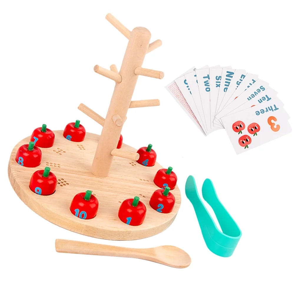 Joc Montessori din Lemn – Pomul Numeric cu Mere Magnetice, Pensetă și Lingură, Învățarea Numerelor 1-10, Sortare, Numărare și Motricitate Fină, Jucărie Educativă 3+ Ani
