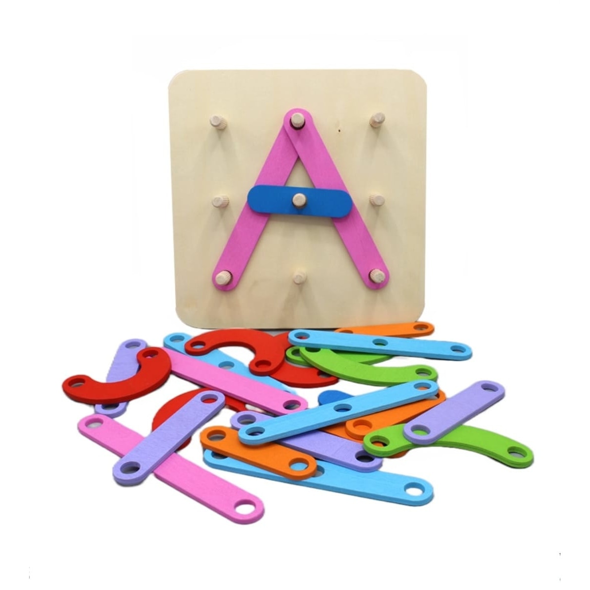 Joc Montessori Creativ din Lemn cu Șabloane și Bețe pentru Litere, Cifre și Forme – Puzzle Educativ de Construcție, Dezvoltă Gândirea Logică, Creativitatea și Motricitatea Fină, 3+ Ani - imagine 3
