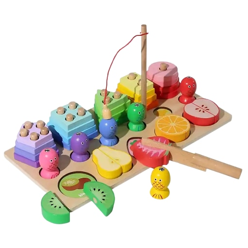 Joc Montessori 3 în 1 din Lemn – Sortator Forme Geometrice, Joc Magnetic de Pescuit și Fructe de Tăiat, Jucărie Educativă pentru Motricitate Fină și Învățarea Formelor, 3+ Ani - imagine 3