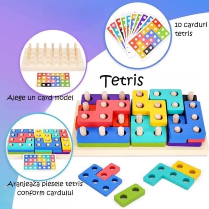 Jucărie Montessori Multifuncțională din Lemn 6 în 1 – Masinuta Educativa cu Puzzle Tetris, Sortator Forme și Animale, Joc de Stivuire, Cartonașe Provocare, Dezvoltare Motricitate și Logică, 3+ An - imagine 5