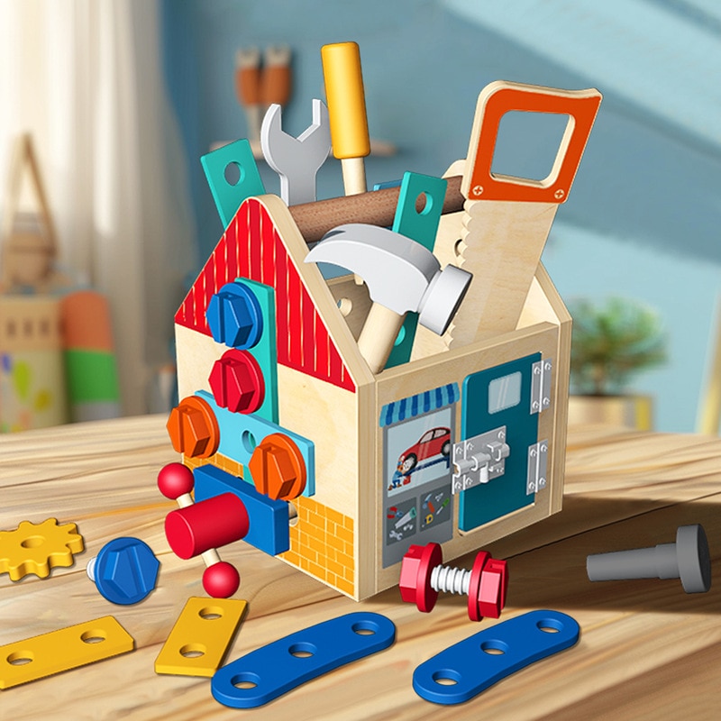 Trusă de Scule Montessori din Lemn 2 în 1 – Banc de Lucru, Cutie cu Unelte, Șuruburi, Piulițe, Ferăstrău, Ciocan și Cheie, Joc Educativ pentru Dezvoltarea Motricității, 3+ Ani - imagine 4