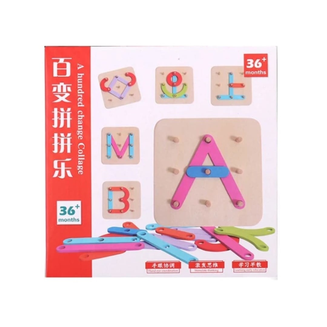 Joc Montessori Creativ din Lemn cu Șabloane și Bețe pentru Litere, Cifre și Forme – Puzzle Educativ de Construcție, Dezvoltă Gândirea Logică, Creativitatea și Motricitatea Fină, 3+ Ani - imagine 5