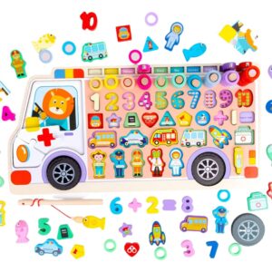 Joc Logaritmic  Montessori din Lemn 6 în 1 – Joc Educativ cu Puzzle, Pescuit Magnetic, Numărătoare, Cifre, Forme și Vehicule, Dezvoltarea Gândirii Logice și Motricității Fine, 3+ Ani