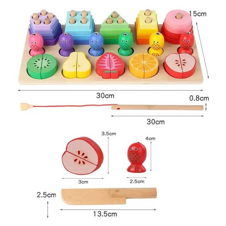 Joc Montessori 3 în 1 din Lemn – Sortator Forme Geometrice, Joc Magnetic de Pescuit și Fructe de Tăiat, Jucărie Educativă pentru Motricitate Fină și Învățarea Formelor, 3+ Ani - imagine 4