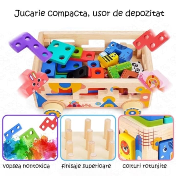 Jucărie Montessori Multifuncțională din Lemn 6 în 1 – Masinuta Educativa cu Puzzle Tetris, Sortator Forme și Animale, Joc de Stivuire, Cartonașe Provocare, Dezvoltare Motricitate și Logică, 3+ An - imagine 7