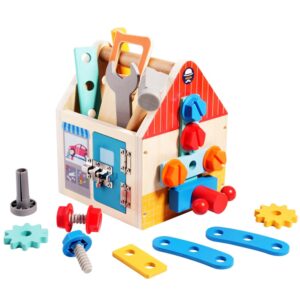Trusă de Scule Montessori din Lemn 2 în 1 – Banc de Lucru, Cutie cu Unelte, Șuruburi, Piulițe, Ferăstrău, Ciocan și Cheie, Joc Educativ pentru Dezvoltarea Motricității, 3+ Ani