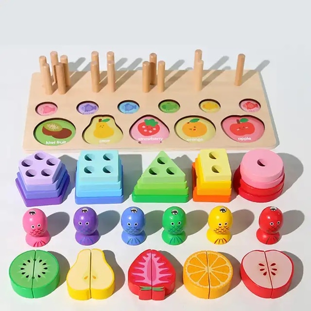 Joc Montessori 3 în 1 din Lemn – Sortator Forme Geometrice, Joc Magnetic de Pescuit și Fructe de Tăiat, Jucărie Educativă pentru Motricitate Fină și Învățarea Formelor, 3+ Ani - imagine 5