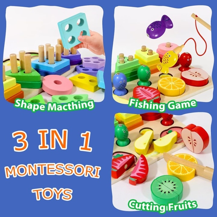 Joc Montessori 3 în 1 din Lemn – Sortator Forme Geometrice, Joc Magnetic de Pescuit și Fructe de Tăiat, Jucărie Educativă pentru Motricitate Fină și Învățarea Formelor, 3+ Ani - imagine 7