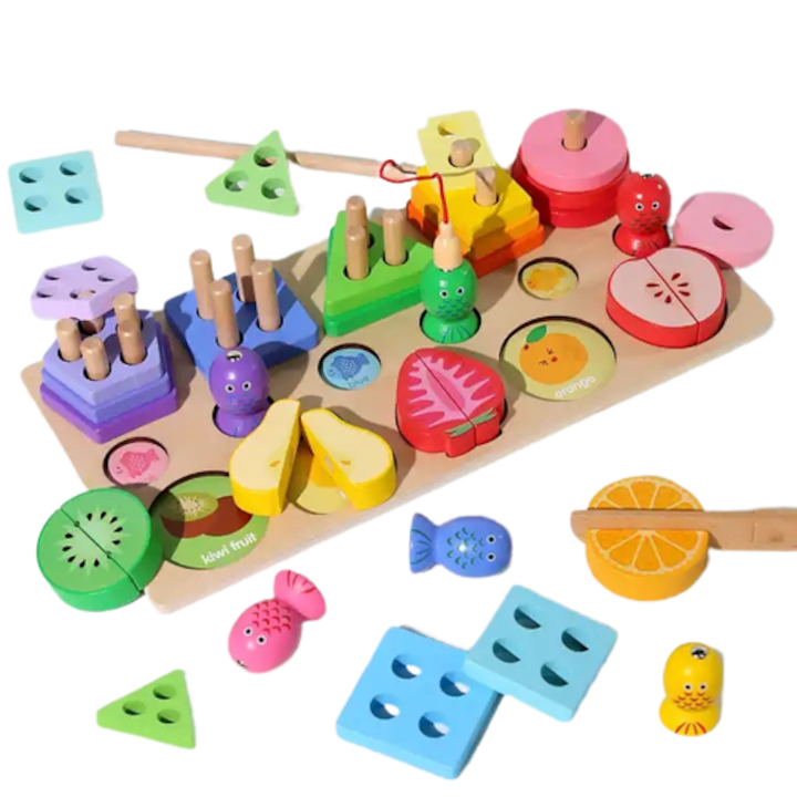 Joc Montessori 3 în 1 din Lemn – Sortator Forme Geometrice, Joc Magnetic de Pescuit și Fructe de Tăiat, Jucărie Educativă pentru Motricitate Fină și Învățarea Formelor, 3+ Ani - imagine 6