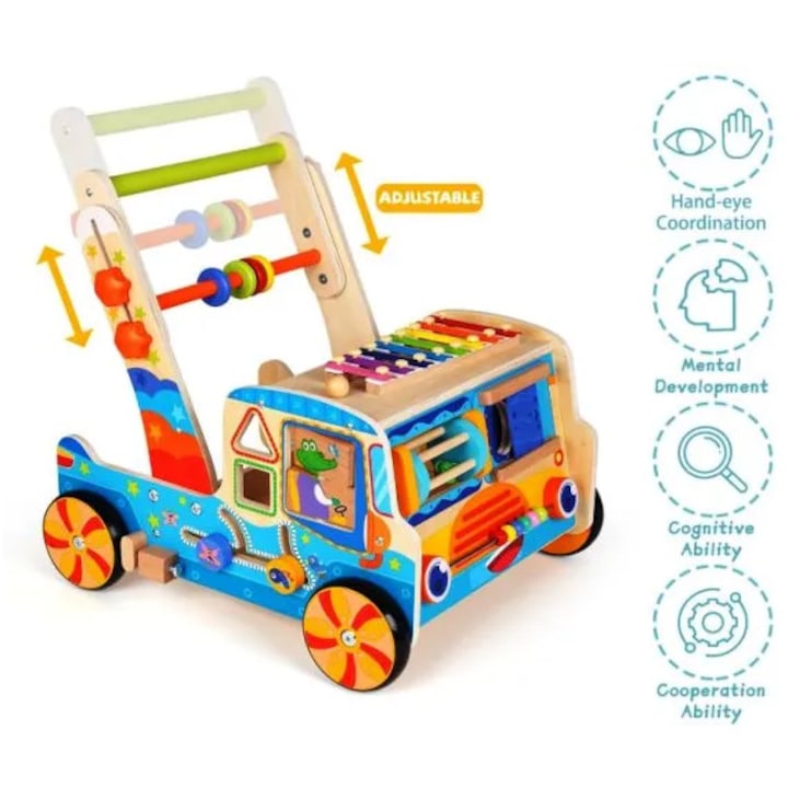 Antepremergător Multifuncțional Montessori din Lemn 9 în 1 – Centru de Activități Educative cu Xilofon, Sortator Forme, Labirint, Roți Dințate și Jocuri Motorii, Reglabil pe Înălțime, 36+ Luni - imagine 9