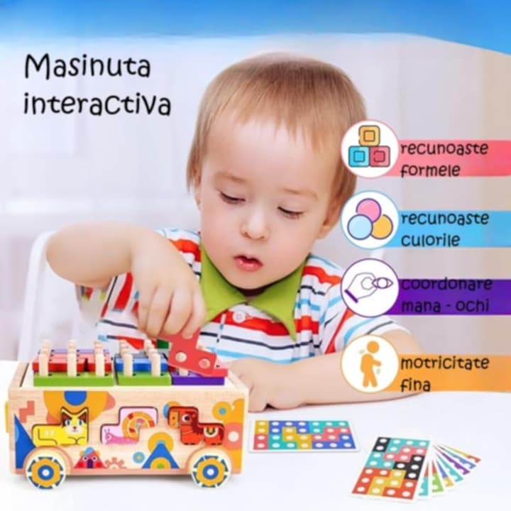 Jucărie Montessori Multifuncțională din Lemn 6 în 1 – Masinuta Educativa cu Puzzle Tetris, Sortator Forme și Animale, Joc de Stivuire, Cartonașe Provocare, Dezvoltare Motricitate și Logică, 3+ An - imagine 8