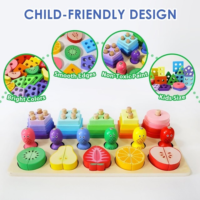 Joc Montessori 3 în 1 din Lemn – Sortator Forme Geometrice, Joc Magnetic de Pescuit și Fructe de Tăiat, Jucărie Educativă pentru Motricitate Fină și Învățarea Formelor, 3+ Ani - imagine 8