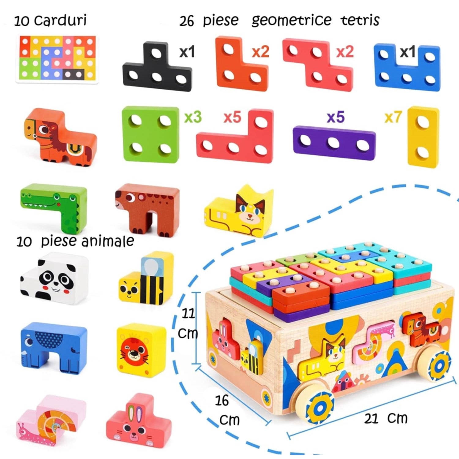 Jucărie Montessori Multifuncțională din Lemn 6 în 1 – Masinuta Educativa cu Puzzle Tetris, Sortator Forme și Animale, Joc de Stivuire, Cartonașe Provocare, Dezvoltare Motricitate și Logică, 3+ An - imagine 4