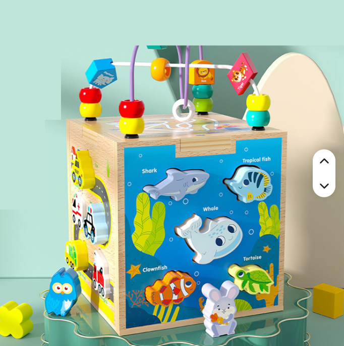 Cub Montessori Multifuncțional din Lemn 7 în 1 – Jucărie Educativă cu Sortator Forme, Puzzle Animale, Labirint cu Mărgele, Puzzle Vehicule și Activități Interactive pentru Copii 1-3 Ani - imagine 3