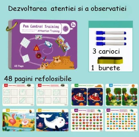 Caiet Reutilizabil Montessori pentru Antrenarea Atenției și Gândirii Logice – 48 Pagini, 3 Carioci și Burete, Joc Educativ cu Labirinturi, Diferențe și Exerciții de Concentrare, 3+ Ani - imagine 3