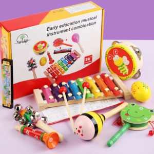 Set 8 instrumente muzicale din lemn pentru copii, 3 ani+