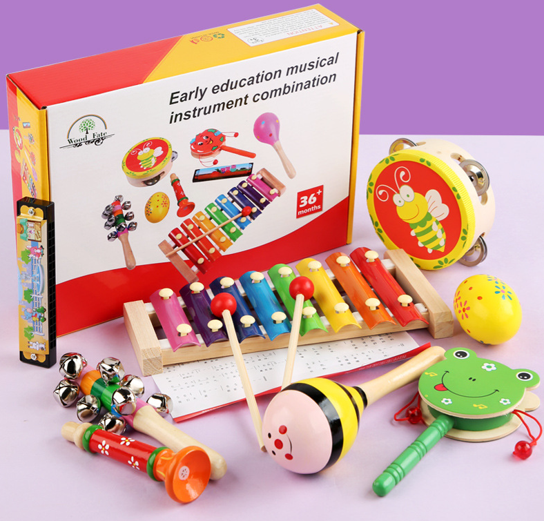 Set 8 instrumente muzicale din lemn pentru copii, 3 ani+