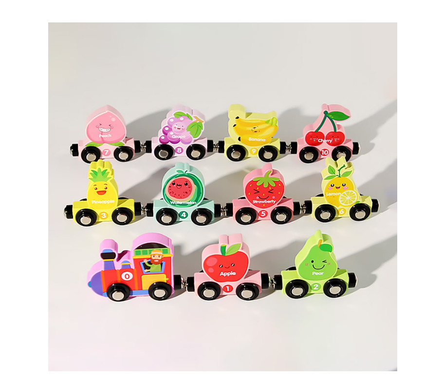 Trenuleț Magnetic din Lemn cu Fructe și Cifre – Locomotivă cu 10 Vagoane Magnetice, Jucărie Montessori pentru Învățarea Numerelor, Fructelor și Culorilor, Dezvoltarea Motricității Fine, 3+ - imagine 6