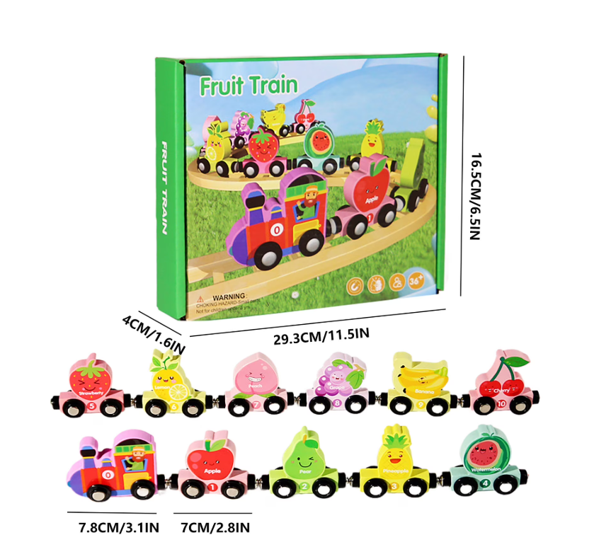 Trenuleț Magnetic din Lemn cu Fructe și Cifre – Locomotivă cu 10 Vagoane Magnetice, Jucărie Montessori pentru Învățarea Numerelor, Fructelor și Culorilor, Dezvoltarea Motricității Fine, 3+ - imagine 5