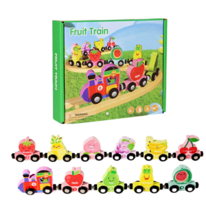 Trenuleț Magnetic din Lemn cu Fructe și Cifre – Locomotivă cu 10 Vagoane Magnetice, Jucărie Montessori pentru Învățarea Numerelor, Fructelor și Culorilor, Dezvoltarea Motricității Fine, 3+