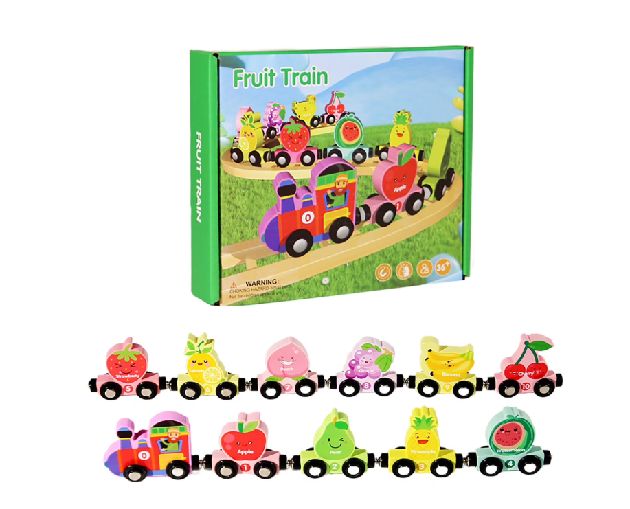Trenuleț Magnetic din Lemn cu Fructe și Cifre – Locomotivă cu 10 Vagoane Magnetice, Jucărie Montessori pentru Învățarea Numerelor, Fructelor și Culorilor, Dezvoltarea Motricității Fine, 3+