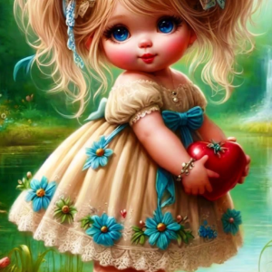 Tablou pictura cu Diamante multicolore, 30 x 20 cm, Peisaj "Fetita cu Flori Albastre", Goblen 5D Diamond Painting cu Pietricele Colorate, Hobby Creativ pentru Adulti si Copii 8+ Ani