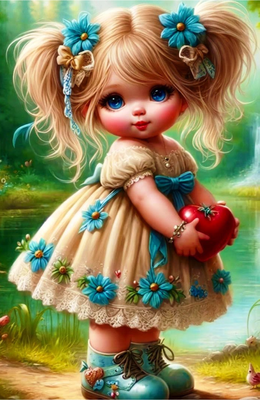 Tablou pictura cu Diamante multicolore, 30 x 20 cm, Peisaj "Fetita cu Flori Albastre", Goblen 5D Diamond Painting cu Pietricele Colorate, Hobby Creativ pentru Adulti si Copii 8+ Ani