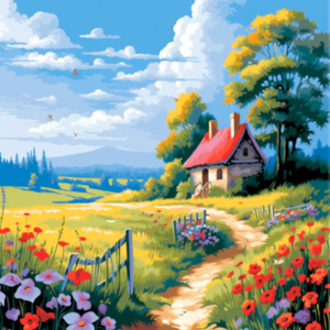Tablou Pictură pe Numere Stuniko® Peisaj “Drumul catre Casa”, 50 x 40 cm Kit Pictură cu Pânză Numerotată, Vopsele și Pensule, Tablou DIY Hobby Creativ pentru Adulti si Copii 8+
