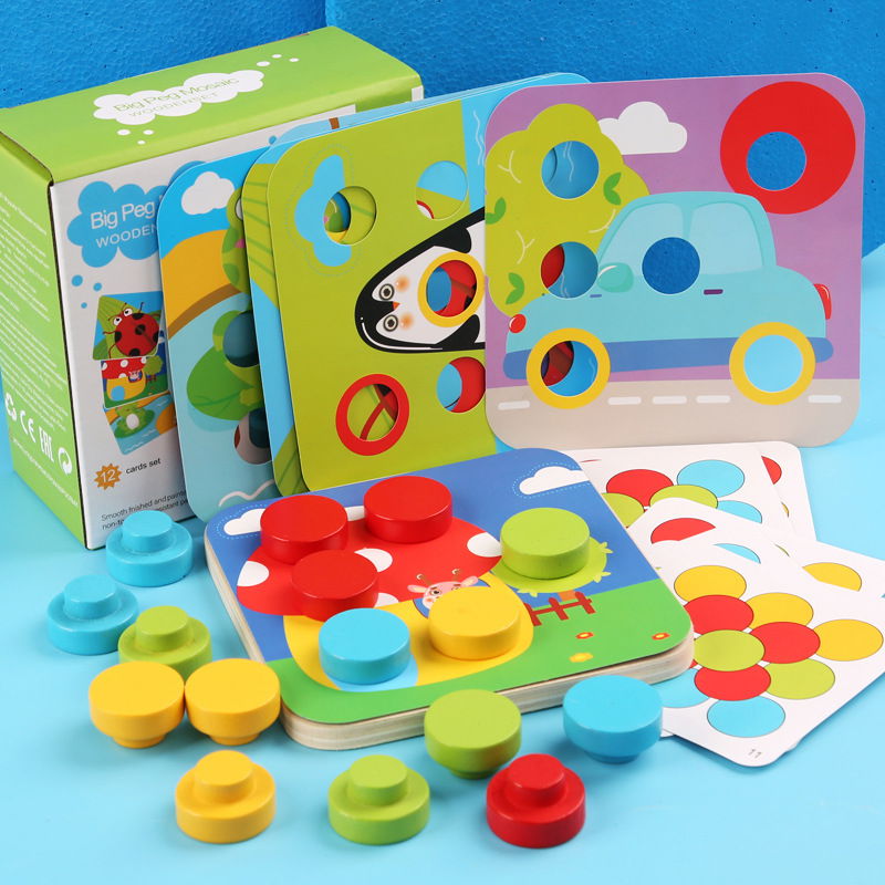 Joc Montessori Mozaic din Lemn pentru Copii, 12 Carduri cu Modele, 16 Butoni Colorați, Tablă 14,5 x 14,5 cm, Potrivire Culori, Logică și Motricitate Fină, 3+ Ani - imagine 6