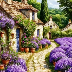 Tablou pictura cu Diamante multicolore, 50 x 40 cm, "Peisaj - Aleea cu Lavanda", Goblen 5D Diamond Painting cu Pietricele Colorate, Hobby  Creativ pentru Adulti si Copii 8+ Ani