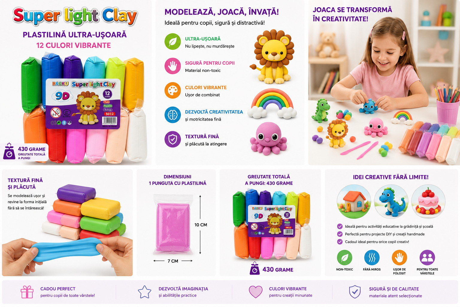 Plastilină Ultra-Ușoară 12 Culori, Super Light Clay, 430 g, Plastilină Modelaj pentru Copii, Material Non-Toxic, Nu Se Lipește, Joc Creativ, Activități Montessori, 3+ Ani - imagine 2