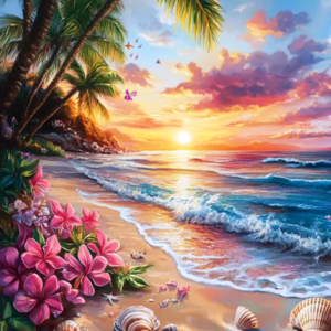 Tablou Pictură pe Numere Stuniko® Peisaj “Apus pe Plaja”, 50 x 40 cm, Kit Pictură cu Pânză Numerotată, Vopsele și Pensule, Tablou DIY Hobby Creativ pentru Adulti si Copii 8+