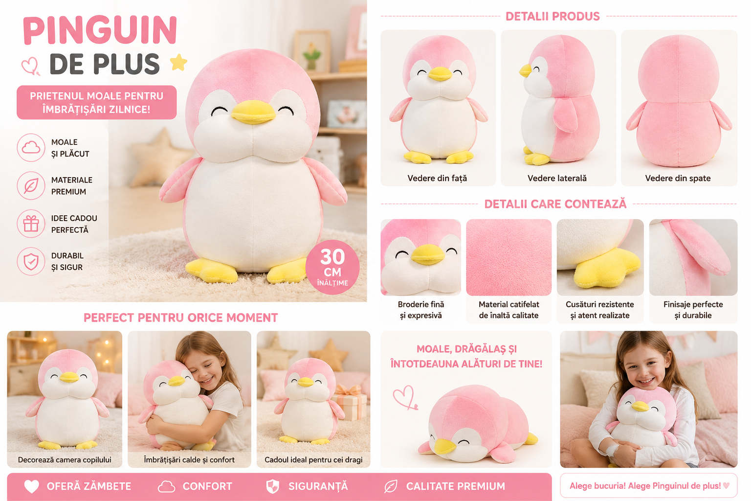 Pinguin de Pluș 30 cm, Jucărie de Plus Moale pentru Copii, Animal de Pluș Premium, Umplutură Hipoalergenică, Companion pentru Somn și Joacă, Cadou pentru Fete și Băieți - imagine 3
