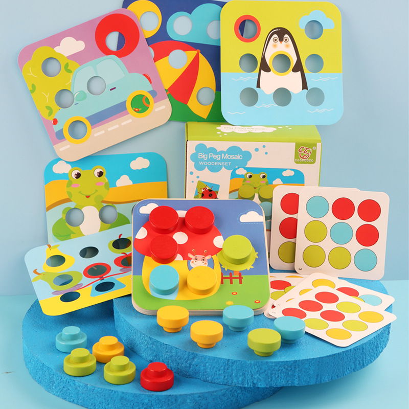 Joc Montessori Mozaic din Lemn pentru Copii, 12 Carduri cu Modele, 16 Butoni Colorați, Tablă 14,5 x 14,5 cm, Potrivire Culori, Logică și Motricitate Fină, 3+ Ani - imagine 7