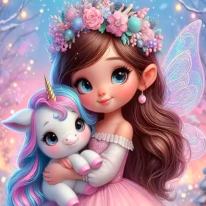 Tablou pictura cu Diamante multicolore, 30 x 20 cm, "Peisaj  Printesa cu Unicorn", Goblen 5D Diamond Painting cu Pietricele Colorate, Hobby Creativ pentru Adulti si Copii 8+ Ani