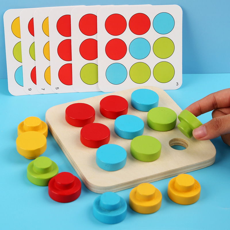 Joc Montessori Mozaic din Lemn pentru Copii, 12 Carduri cu Modele, 16 Butoni Colorați, Tablă 14,5 x 14,5 cm, Potrivire Culori, Logică și Motricitate Fină, 3+ Ani - imagine 2