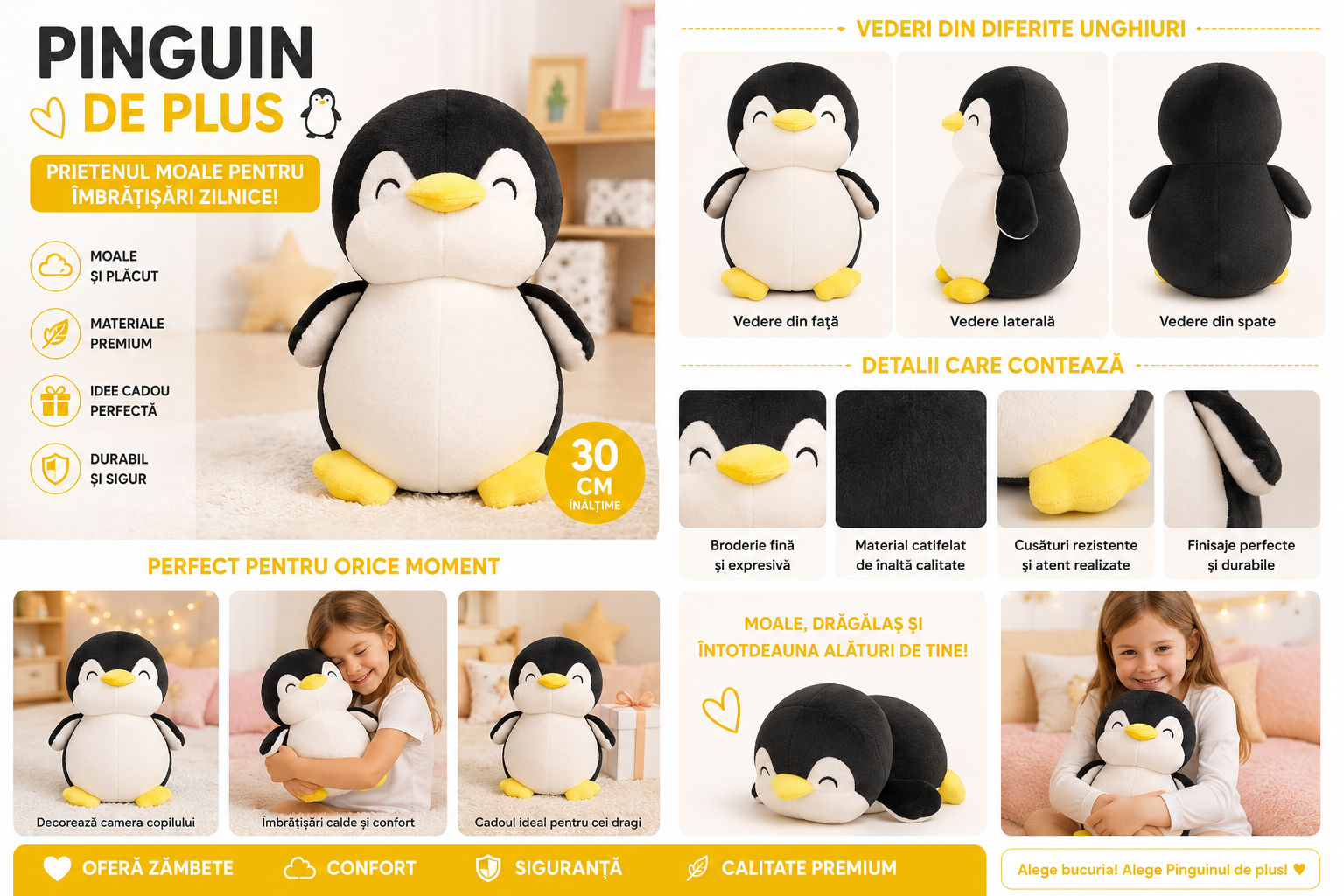 Pinguin de Pluș 30 cm, Jucărie de Plus Moale pentru Copii, Animal de Pluș Premium, Umplutură Hipoalergenică, Companion pentru Somn și Joacă, Cadou pentru Fete și Băieți - imagine 2